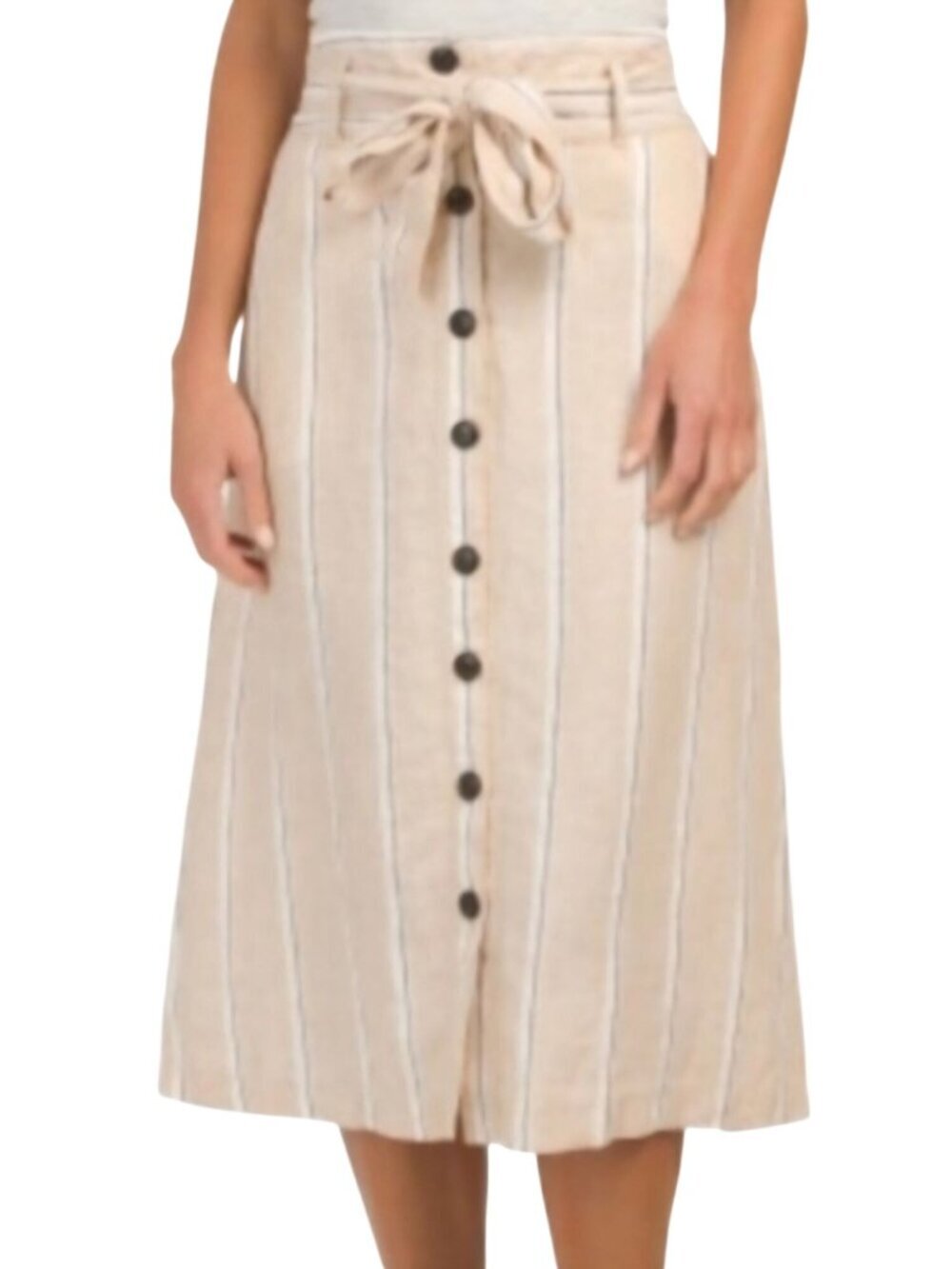 Rachel Zoe NWT Natural Striped Linen Midi Skirt Belted Elastic Waist Size L